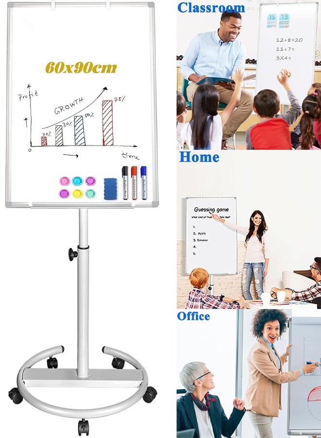 TAPIT Mobile Whiteboard 90x60cm Stand Magnetic Dry Erase Board Chart Easel Board with Adjustable Height Suitable for Office Home Classroom - Image 1