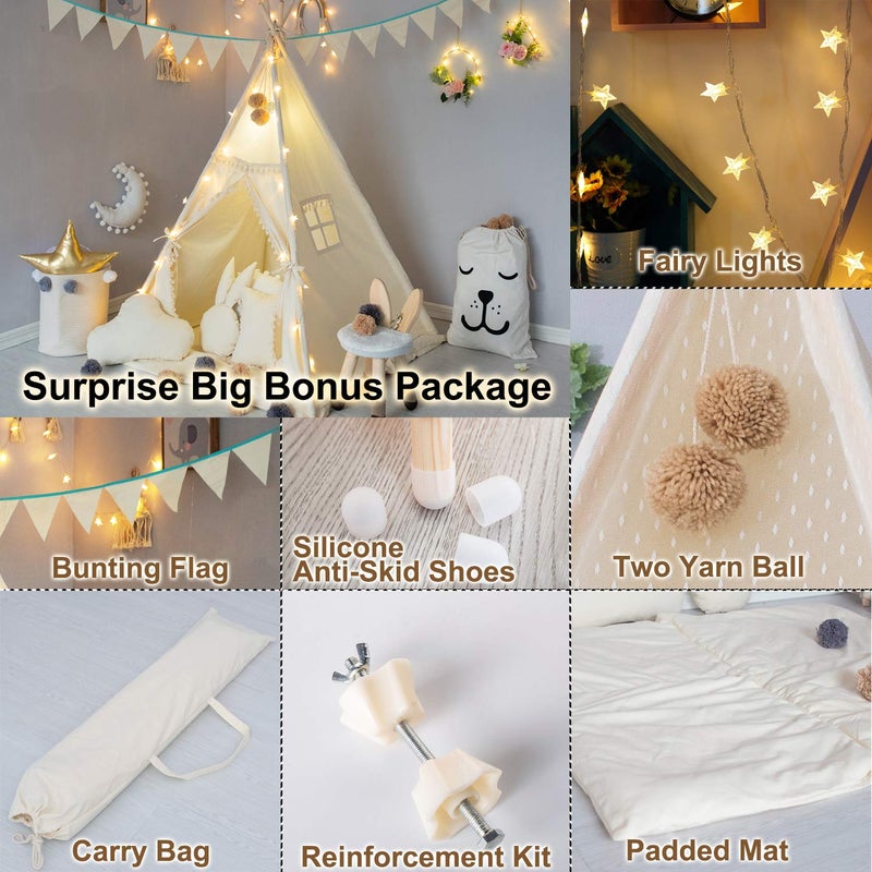 TreeBud Kids Teepee Tent with Padded Mat Banner Fairy Lights Yarn Ball Carry Bag Beige Cotton Canvas Play Tent for Child with Tassels Lace Play House Tipi for Kids Room Decor - Image 3