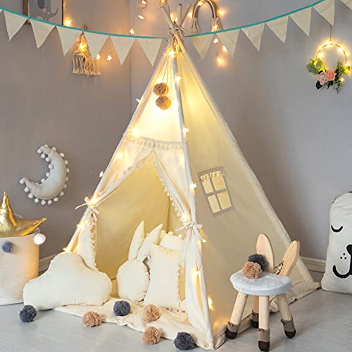 TreeBud Kids Teepee Tent with Padded Mat Banner Fairy Lights Yarn Ball Carry Bag Beige Cotton Canvas Play Tent for Child with Tassels Lace Play House Tipi for Kids Room Decor - Image 1