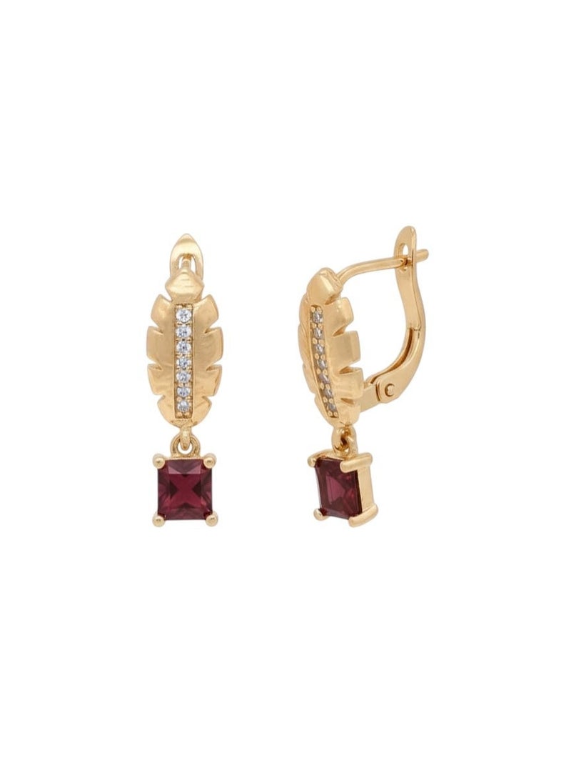 A delicate gold-plated hoop featuring an elegant feather design and sparkling zircon stones, from which hangs a shiny red square zircon piece. - Image 1