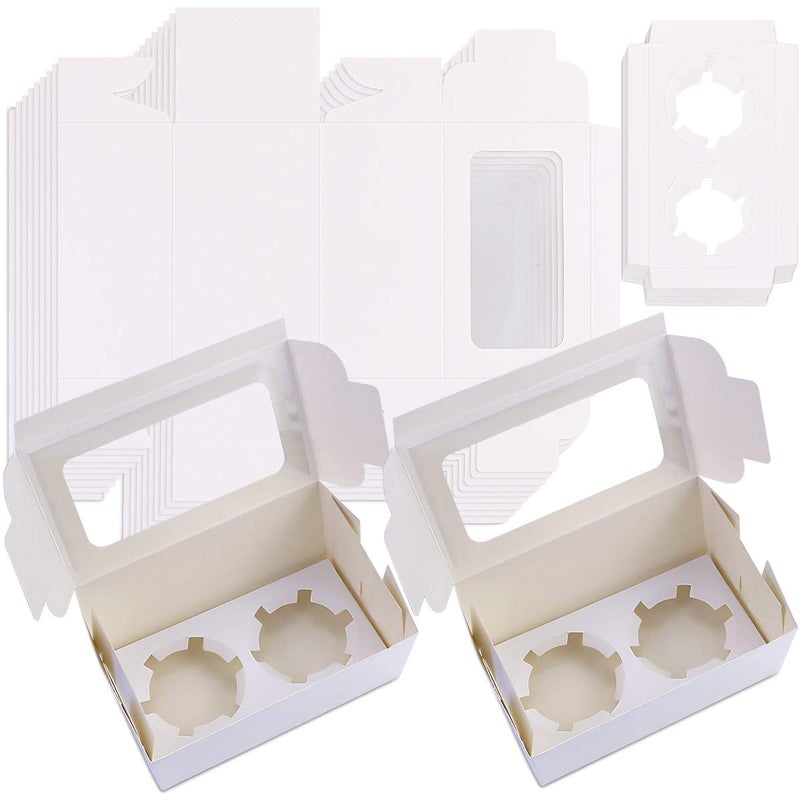 PRALB 50Pack White Paper Cupcake Boxes with Pvc Window and Two Treat Holder Pastry and Cookie BoxCupcake Containers Bakery Cake BoxAutoPopup Cupcake Carriers Bakery Cake Box63x35x3inch