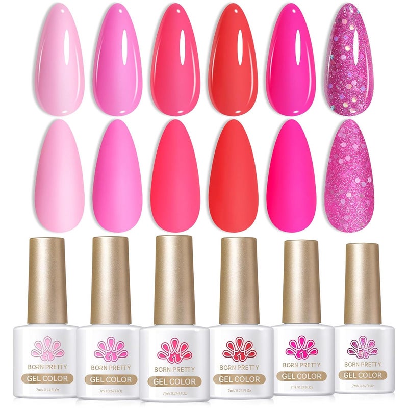 BORN PRETTY Pink Gel Nail Polish Set Neon Hot Pink Cherry Blossom Strawberry Polish Gel Natural Pink Color Gel Polish Spring Summer Gift Set for Holiday 6 Colors - Image 1