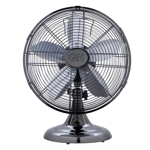 Good Housekeeping 92612 All-Metal 12" Retro Desk Office Table Fan with Wide Oscillation, 3-Speed Settings & Carrying Handle, Midnight Chrome - Image 1