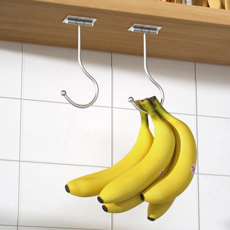 Josmimic Modern Banana Hanger Hook Under Cabinet: Adhesive Banana Holder, Foldable with Magnets When Not in Use, Under Counter Banana Hook, Stainless, Hold 13 LB, Silver, 2 Pack - Image 1