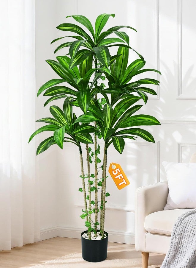 Dolicer 5FT Look Real Artificial Dracaena Tree Indoor with Black Planter, Realistic Artificial Fake Faux Plants for Home Office Living Room Decor - Image 1