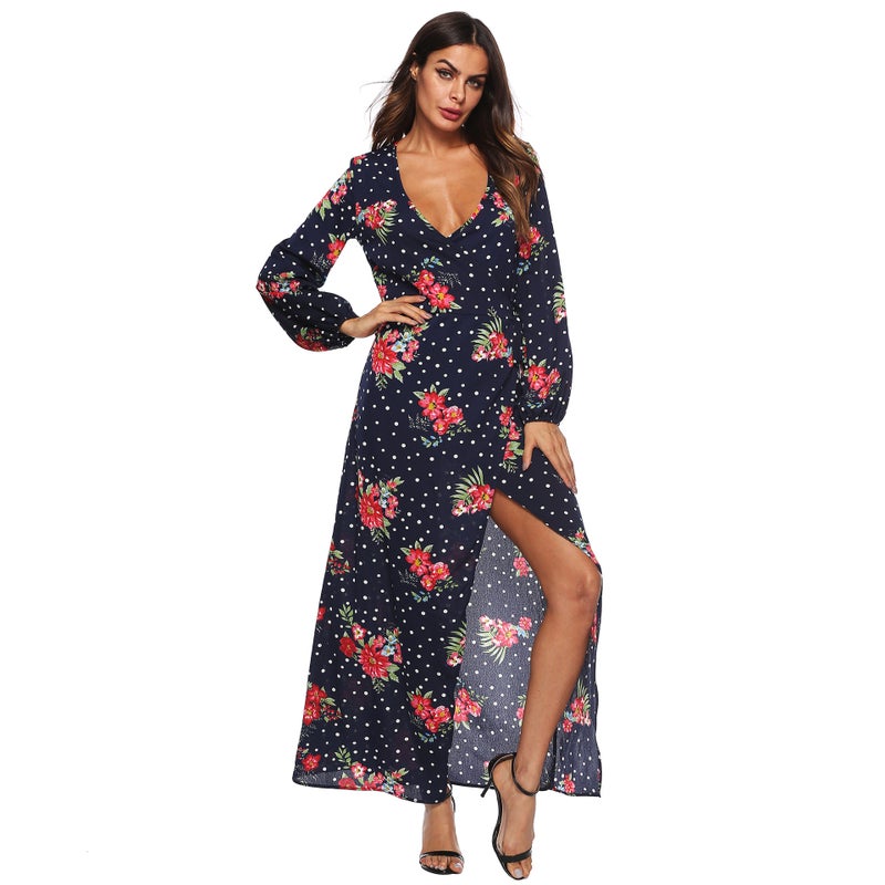 Women's Long Sleeve Chiffon Print Irregular Hem Deep V Neck Tie Dress - Image 2