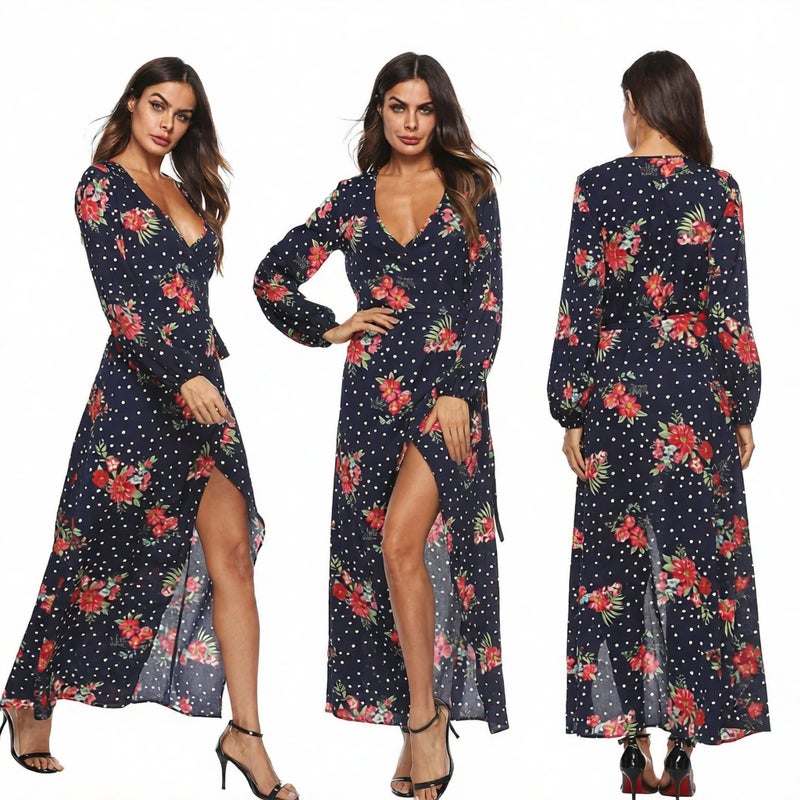 Women's Long Sleeve Chiffon Print Irregular Hem Deep V Neck Tie Dress - Image 1