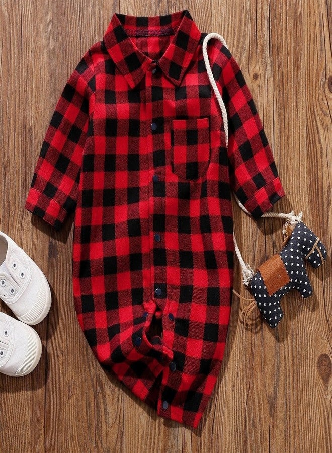 AGQT Toddler Boys Christmas Romper Red Plaid Suit Long Sleeve Xmas T-Shirt Jumpsuit Gentleman Formal One Piece Bodysuit Outfit (Red and Black Grid, 12-18 Months) - Image 2