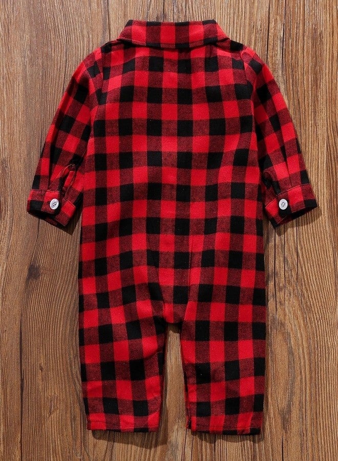 AGQT Toddler Boys Christmas Romper Red Plaid Suit Long Sleeve Xmas T-Shirt Jumpsuit Gentleman Formal One Piece Bodysuit Outfit (Red and Black Grid, 12-18 Months) - Image 3
