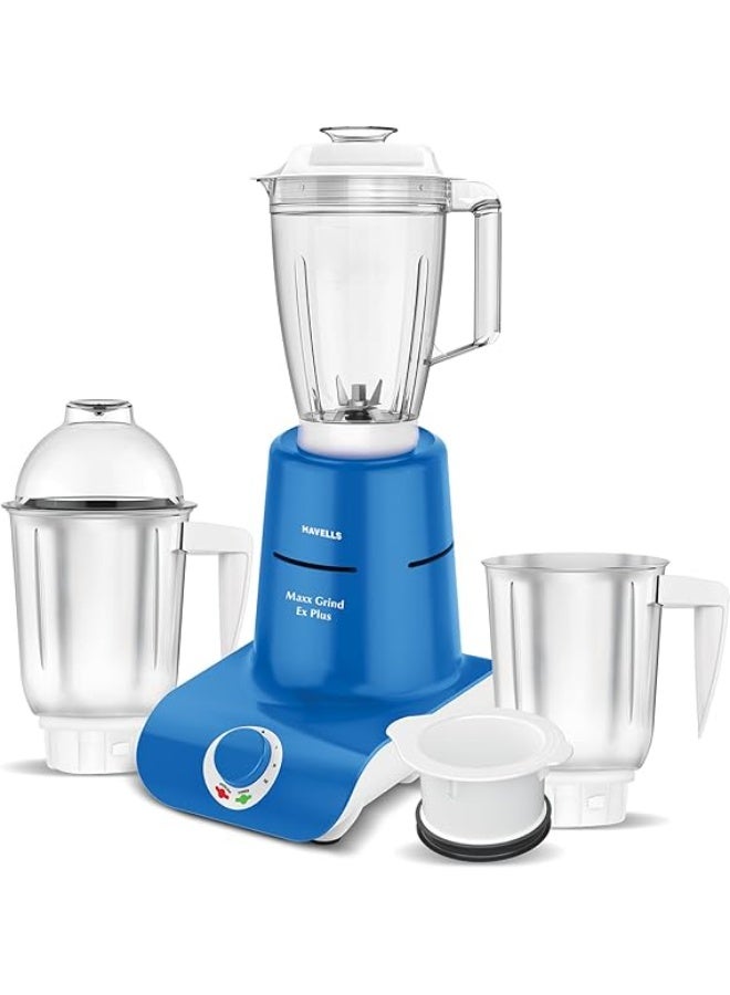 Havells Maxx Grind Ex Plus 900W Mixer Grinder cum Blender – Copper Motor, 1.5L Blender Jar, 2 Wet & Dry Jars, Convertible Chutney Jar Lid, Blue & White, 2-Year Warranty