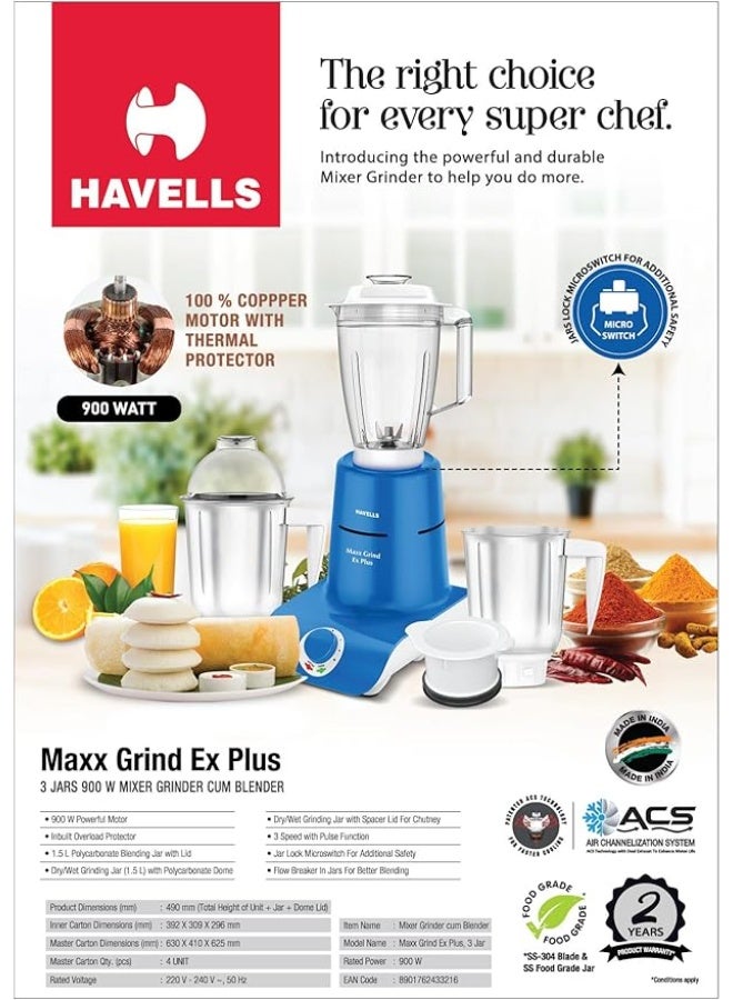Havells Maxx Grind Ex Plus 900W Mixer Grinder cum Blender – Copper Motor, 1.5L Blender Jar, 2 Wet & Dry Jars, Convertible Chutney Jar Lid, Blue & White, 2-Year Warranty - Image 5