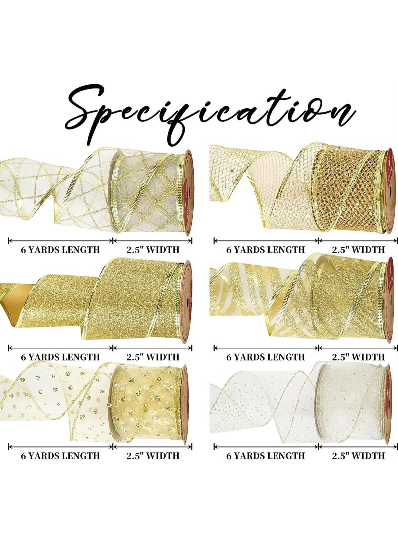 Ribbon Wired Burlap Wire Edge Ribbon Assorted Ribbon 6 Rolls for  Tree, Gift Wrapping Bows Crafts Wreaths Decorations (2.5 Width x 6 Yards Each Roll) - Image 2