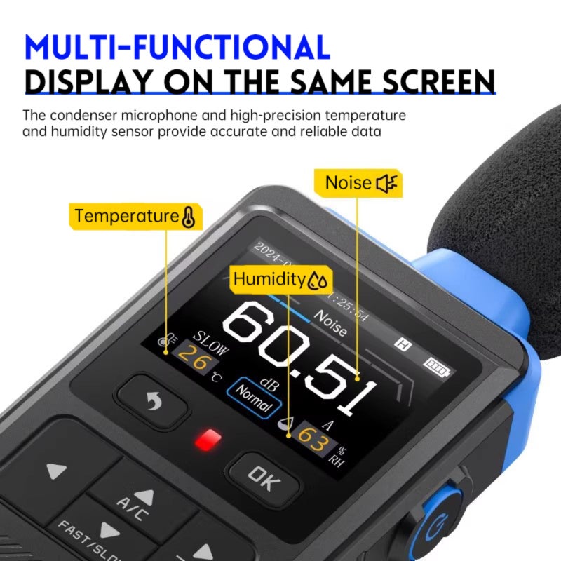 FNIRSI FDM-02 digital noise meter 2.0 inch TFT color screen 4-digit display 30dB-130dB A/C weighted decibel meter with temperature and humidity measurement, data retention, curve recording function - Image 2
