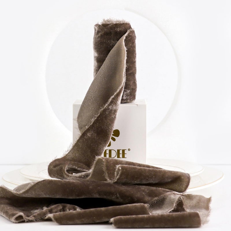 MEEDEE Brown Velvet Ribbon 3 Inch Brown Fringe Ribbons Raw Edge Silk Velvet Ribbon for Wreaths Flower Bouquet Photography Dress Sash Baby Shower Wedding Decor 3 Yards