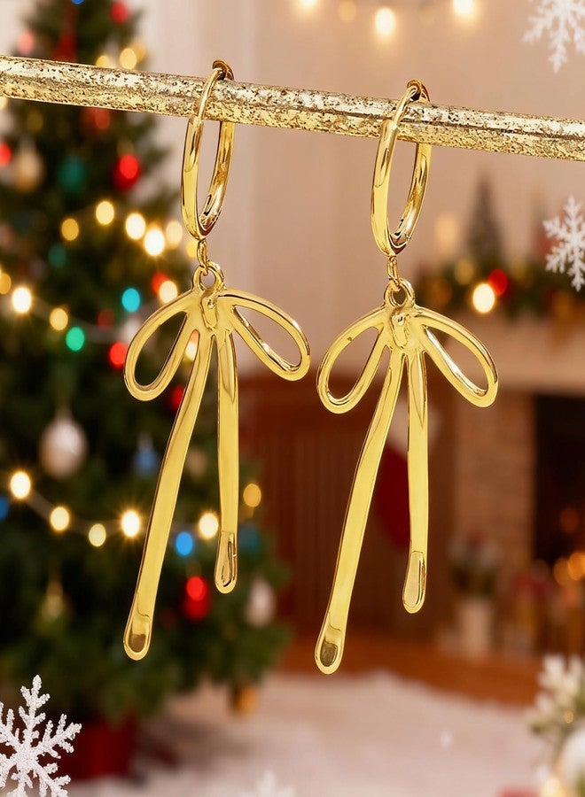 Dcfywl731 Bow Earrings for Women Gold Bow Ribbon Hoop Earrings Long Ribbon Drop Dangle Earring Christmas Jewelry Gifts - Image 4