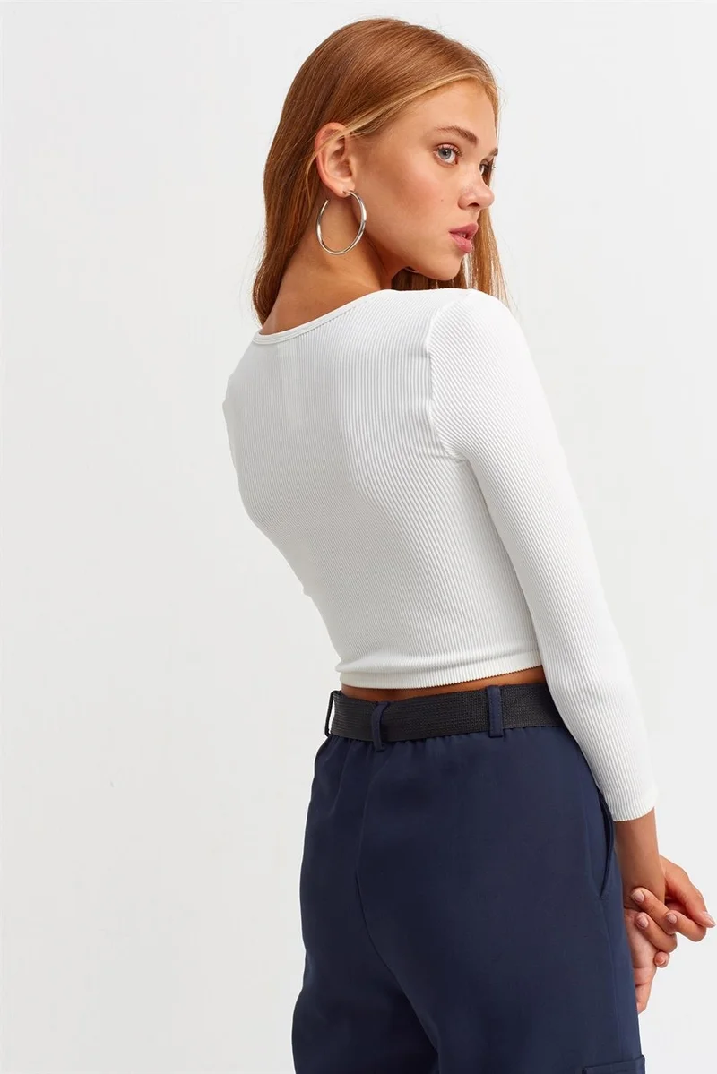 Dilvin Women's Pool Collar Long Sleeve White Crop Top