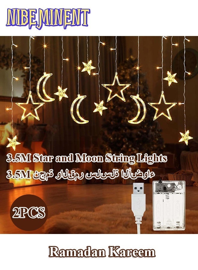 NIBEMINENT 2 Pack 3.5M Decorative Starry String Curtain Ramadan Lights Moons and Stars LED Night Light for Ramadan Home Decoration Party, Battery Box Powered (Warm White) With 8 Modes Setting - Image 1
