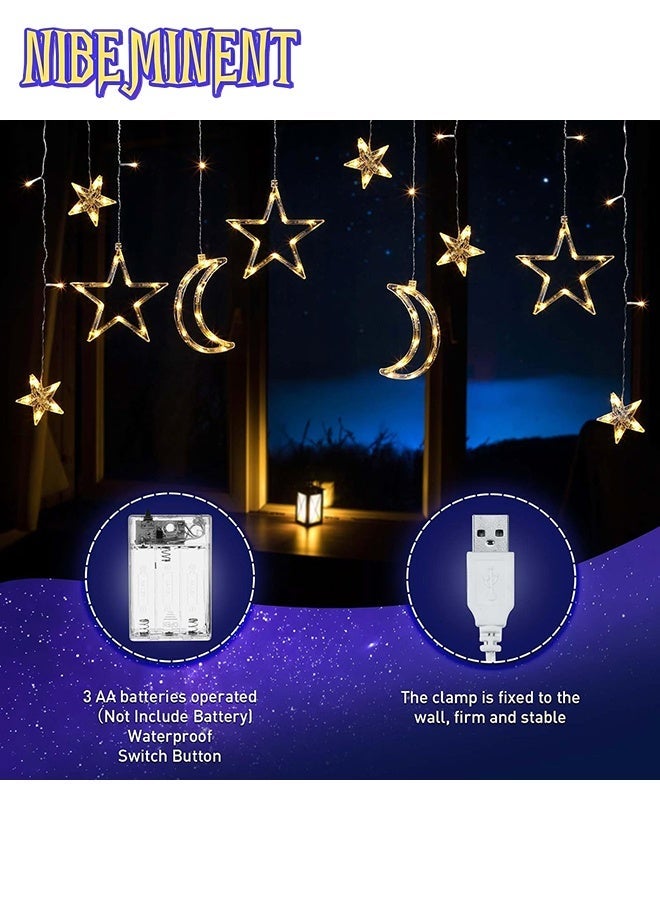 NIBEMINENT 2 Pack 3.5M Decorative Starry String Curtain Ramadan Lights Moons and Stars LED Night Light for Ramadan Home Decoration Party, Battery Box Powered (Warm White) With 8 Modes Setting - Image 2