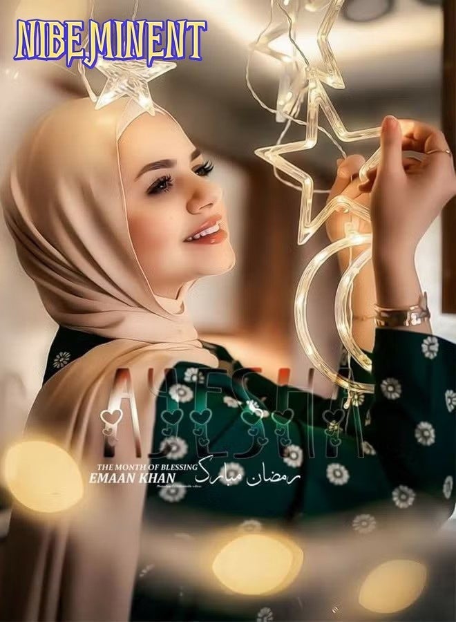 NIBEMINENT 2 Pack 3.5M Decorative Starry String Curtain Ramadan Lights Moons and Stars LED Night Light for Ramadan Home Decoration Party, Battery Box Powered (Warm White) With 8 Modes Setting - Image 3