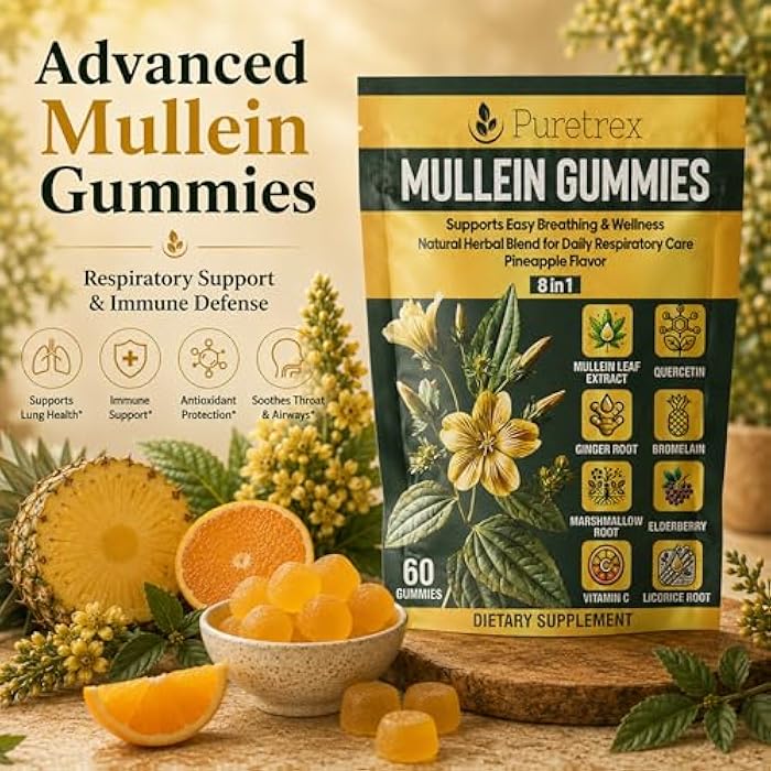 Puretrex Mullein Gummies, 8-in-1 Natural Herbal Blend, Pineapple Flavor, 60 Count, Respiratory Support Supplement with Elderberry, Vitamin C, Ginger Root - Image 4