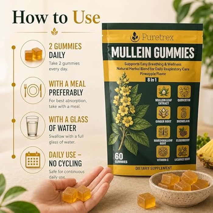 Puretrex Mullein Gummies, 8-in-1 Natural Herbal Blend, Pineapple Flavor, 60 Count, Respiratory Support Supplement with Elderberry, Vitamin C, Ginger Root - Image 5