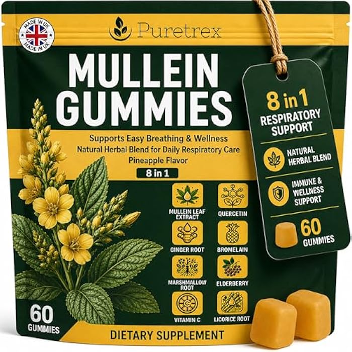 Puretrex Mullein Gummies, 8-in-1 Natural Herbal Blend, Pineapple Flavor, 60 Count, Respiratory Support Supplement with Elderberry, Vitamin C, Ginger Root - Image 1
