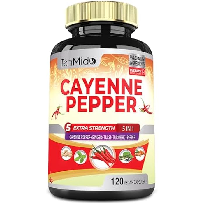 Tenmido Cayenne Pepper Supplements Extract Capsules, 4 Months Supply with Ginger, Turmeric Curcumin, Tulsi, Black Pepper - Supports Immune System, Promotes Digestive System Function - 120 Vegan Capsules - Image 1