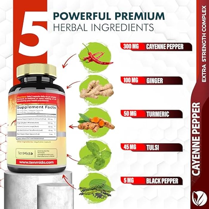 Tenmido Cayenne Pepper Supplements Extract Capsules, 4 Months Supply with Ginger, Turmeric Curcumin, Tulsi, Black Pepper - Supports Immune System, Promotes Digestive System Function - 120 Vegan Capsules - Image 3