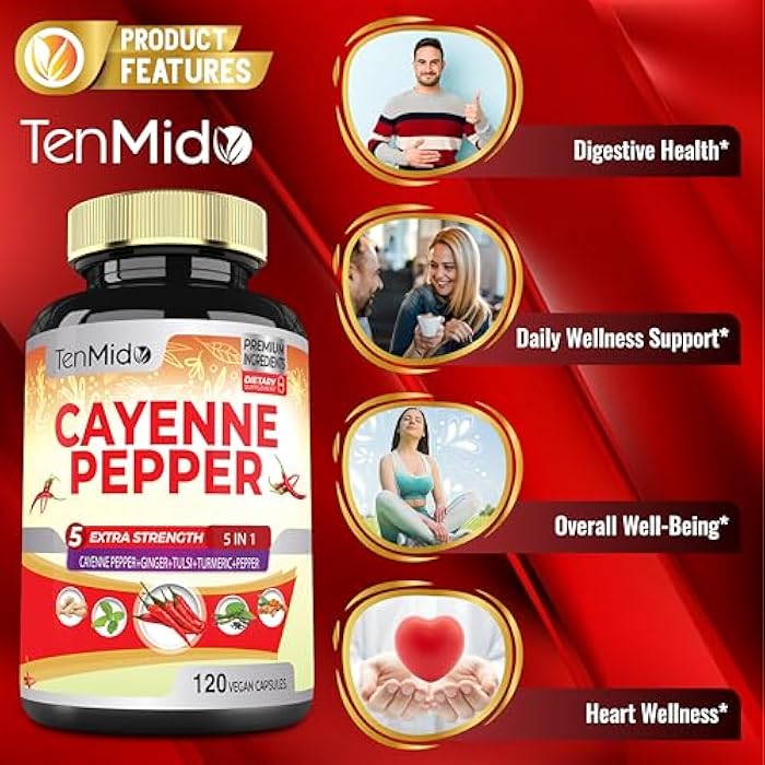 Tenmido Cayenne Pepper Supplements Extract Capsules, 4 Months Supply with Ginger, Turmeric Curcumin, Tulsi, Black Pepper - Supports Immune System, Promotes Digestive System Function - 120 Vegan Capsules - Image 5