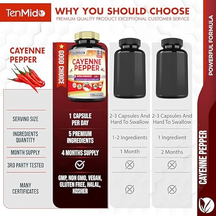 Tenmido Cayenne Pepper Supplements Extract Capsules, 4 Months Supply with Ginger, Turmeric Curcumin, Tulsi, Black Pepper - Supports Immune System, Promotes Digestive System Function - 120 Vegan Capsules - Image 4