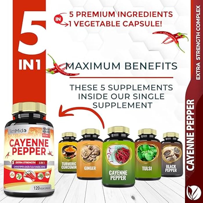 Tenmido Cayenne Pepper Supplements Extract Capsules, 4 Months Supply with Ginger, Turmeric Curcumin, Tulsi, Black Pepper - Supports Immune System, Promotes Digestive System Function - 120 Vegan Capsules - Image 2