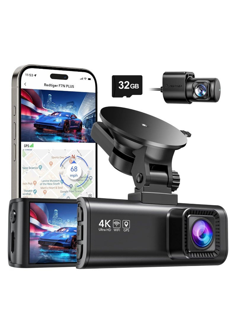 REDTIGER Front Rear Camera, 4K/2.5K Full HD Dash Camera For Cars, Included 32GB Card, Built-in Wi-Fi GPS, 3.18” IPS Screen, Night Vision, 170°Wide Angle, WDR, 24H Parking F7NP Car Dash Cam 2 Channel Car Camera - Image 1