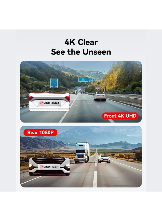 REDTIGER Front Rear Camera, 4K/2.5K Full HD Dash Camera For Cars, Included 32GB Card, Built-in Wi-Fi GPS, 3.18” IPS Screen, Night Vision, 170°Wide Angle, WDR, 24H Parking F7NP Car Dash Cam 2 Channel Car Camera - Image 4