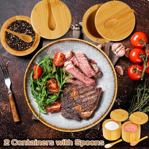 Loscarol 2Pcs Bamboo Salt Cellar Spice Box with Magnetic Swivel Lid & Spoon, Bamboo Storage Box Salt Container to Storage Pepper, Table Salt, Gourmet Salts, Spice, Sugar, 6 oz - Image 4
