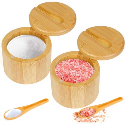 Loscarol 2Pcs Bamboo Salt Cellar Spice Box with Magnetic Swivel Lid & Spoon, Bamboo Storage Box Salt Container to Storage Pepper, Table Salt, Gourmet Salts, Spice, Sugar, 6 oz - Image 1