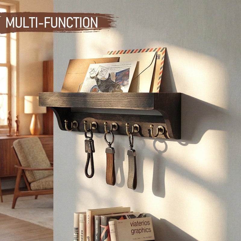 Rebee Vision Key Holder Wall Mount with Shelf â€“ Rustic Key Holder for Wall with 5 Hooks for Keys & Leashes â€“ Stylish Entryway Organizer for Home & Apartment (Distressed Black) - Image 5