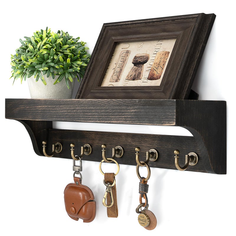 Rebee Vision Key Holder Wall Mount with Shelf â€“ Rustic Key Holder for Wall with 5 Hooks for Keys & Leashes â€“ Stylish Entryway Organizer for Home & Apartment (Distressed Black) - Image 1