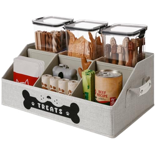 GreenPetopia Dog Treat Container Dogs Storage Organizer with Removable Dividers Collapsible Dogs Treat Holder for Countertop Trapezoid Pet Treats Containers Dog Toy Basket with PU Handles Medium Gray - Image 1