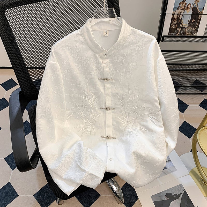 New Chinese-style airplane button long-sleeved shirt, men's national style, high-end sense, jacquard embroidery, stand-up collar, Tang suit, loose shirt jacket - Image 1
