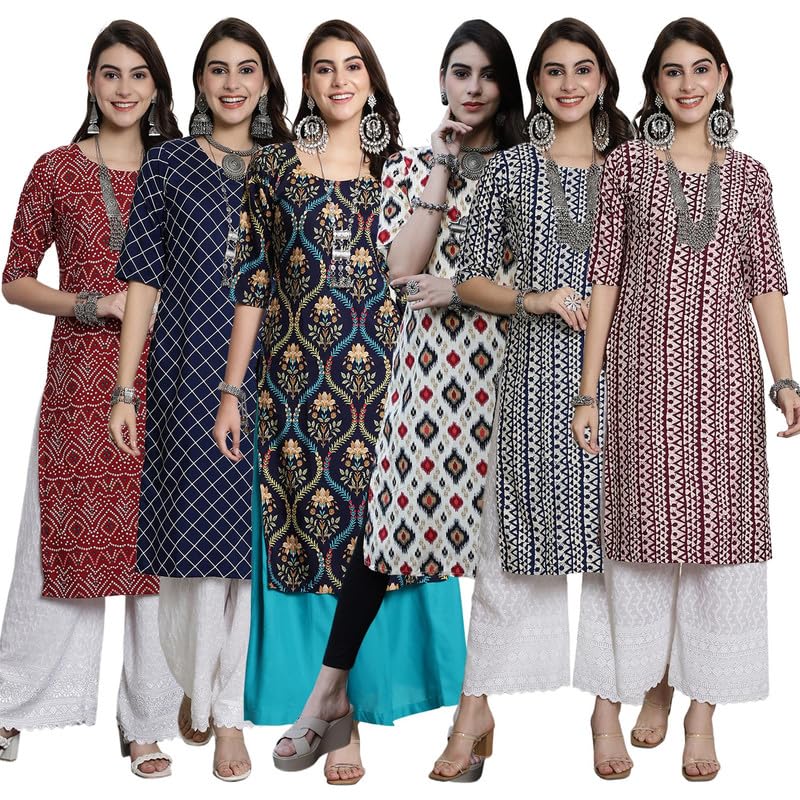 Tee Projekt Crepe Verstaile Straight Printed Kurti for Women's ll Casual Wear Kurti (Pack of 6) - Image 1