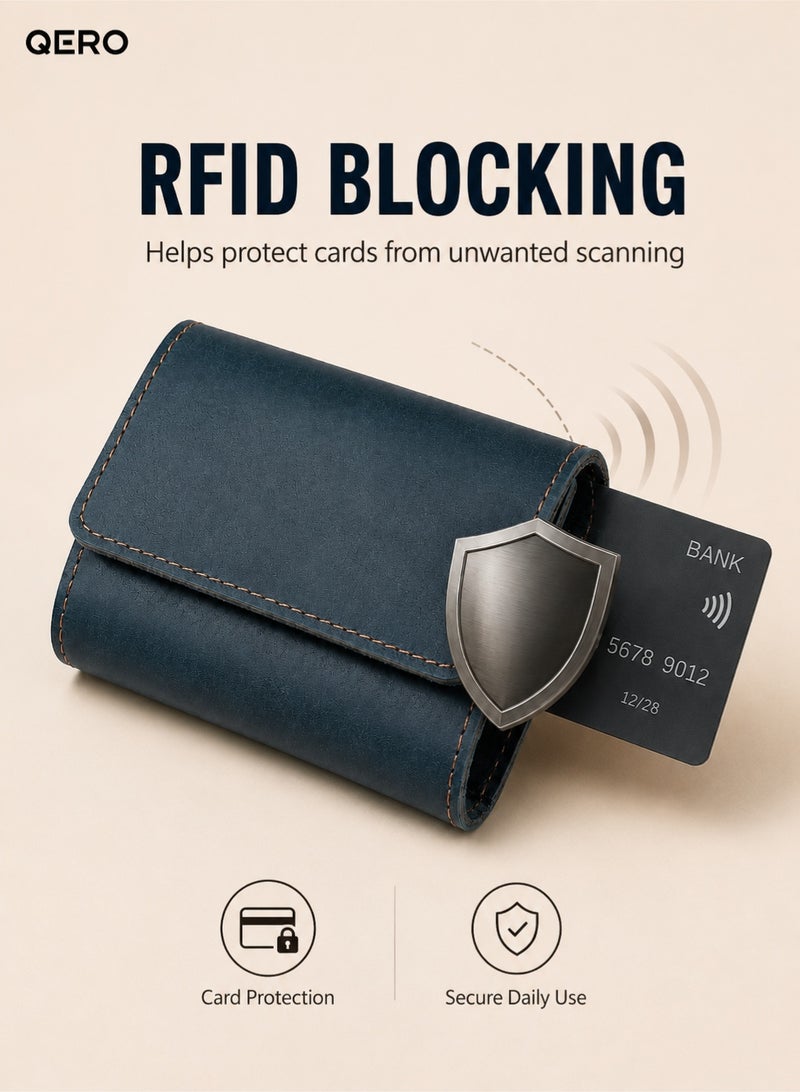 كيورو كويرو محفظة جلد كريزي هورس للرجال والنساء، محفظة قصيرة ثنائية الطي مع حماية RFID، حامل بطاقات ونقود، أزرق داكن - Image 5