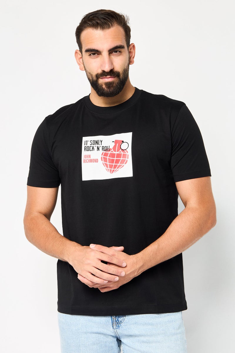 JOHN RICHMOND Men Crew Neck Short Sleeve Graphic T Shirt, Black  - Image 1