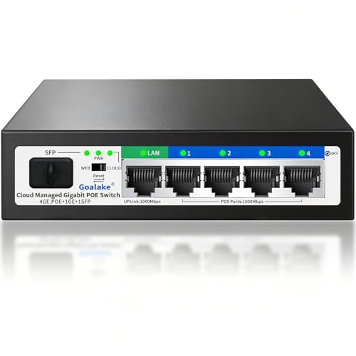 Goalake 6-Port Gigabit PoE Switch for Small Business&Home Security(4 Gigabit PoE Ports,1 Gigabit Uplink,1 SFP Fiber Slot)52W High Power for IP Cameras/WiFi APs,Easy Managed VLAN/QoS,Fanless Metal,250m Extend - Image 1