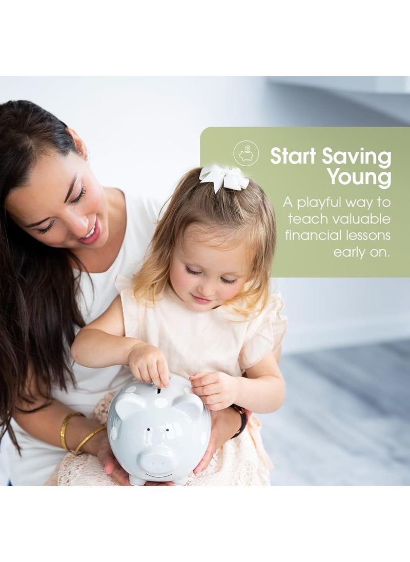pearhead Pearhead Large Ceramic Piggy Bank Ideal for Boys and Girls Kids Money and Coin Bank Perfect Baby Boy Nursery Dcor Great Gift and Newborn Keepsake Gray with White Polka Dots Pack of 2  - Image 5