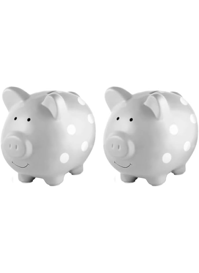 pearhead Pearhead Large Ceramic Piggy Bank Ideal for Boys and Girls Kids Money and Coin Bank Perfect Baby Boy Nursery Dcor Great Gift and Newborn Keepsake Gray with White Polka Dots Pack of 2  - Image 1