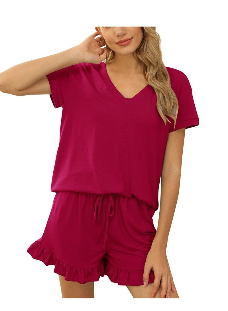Loquat Women's Spring And Summer Home Two Piece Set Casual Shorts ShortS Sleeved Pajama Set 