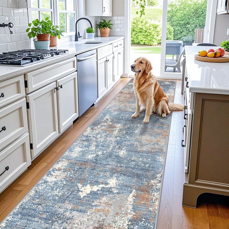 BYYVOO 3x10ft Washable Hallway Runner Rug - Non Slip Modern Wide Carpet for Kitchen Entryway Bathroom with Rubber Backing,Low Pile Thin Long Floor Runner Indoorï¼ˆBlue Rust,3x10ï¼‰ - Image 1