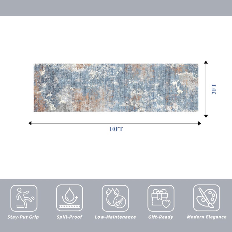 BYYVOO 3x10ft Washable Hallway Runner Rug - Non Slip Modern Wide Carpet for Kitchen Entryway Bathroom with Rubber Backing,Low Pile Thin Long Floor Runner Indoorï¼ˆBlue Rust,3x10ï¼‰ - Image 2