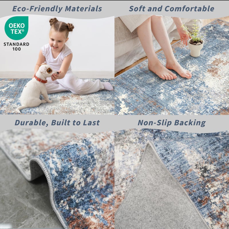BYYVOO 3x10ft Washable Hallway Runner Rug - Non Slip Modern Wide Carpet for Kitchen Entryway Bathroom with Rubber Backing,Low Pile Thin Long Floor Runner Indoorï¼ˆBlue Rust,3x10ï¼‰ - Image 5