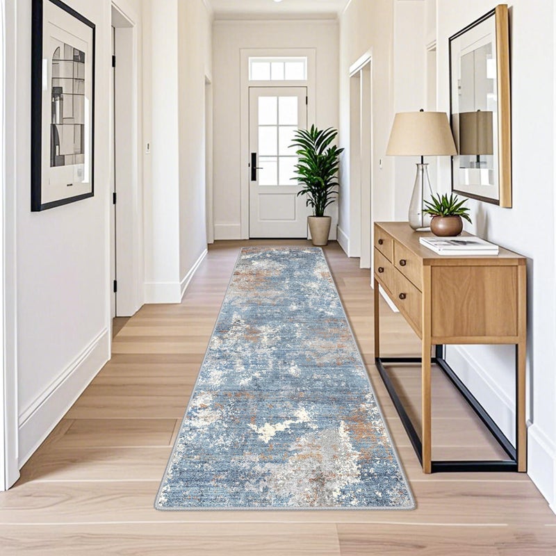 BYYVOO 3x10ft Washable Hallway Runner Rug - Non Slip Modern Wide Carpet for Kitchen Entryway Bathroom with Rubber Backing,Low Pile Thin Long Floor Runner Indoorï¼ˆBlue Rust,3x10ï¼‰ - Image 4